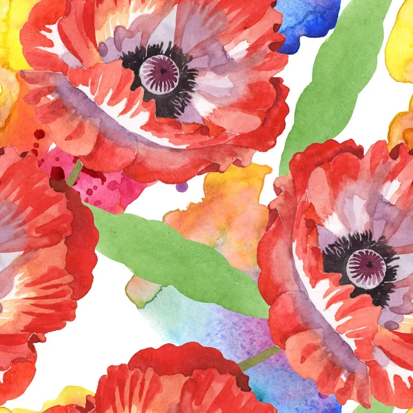 Rote Mohnblumen Aquarell Illustrationsset. nahtloses Hintergrundmuster. — Stockfoto