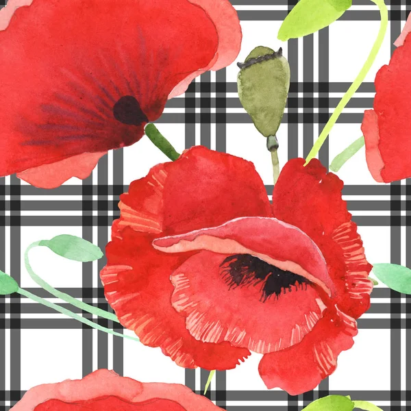 Rote Mohnblumen Aquarell Illustrationsset. nahtloses Hintergrundmuster. — Stockfoto