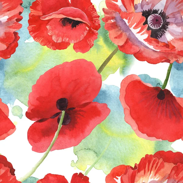 Ensemble d'illustration aquarelle de coquelicots rouges. Modèle de fond sans couture . — Photo de stock