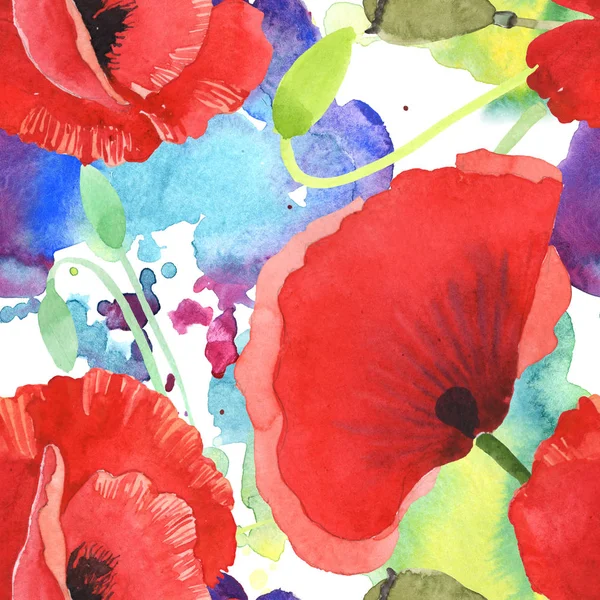 Rote Mohnblumen Aquarell Illustrationsset. nahtloses Hintergrundmuster. — Stockfoto