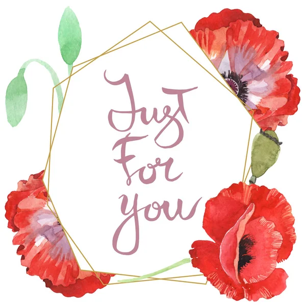 Red poppies isolated on white. Watercolor background illustration set. Frame with flowers and just for you lettering. — Stock Photo