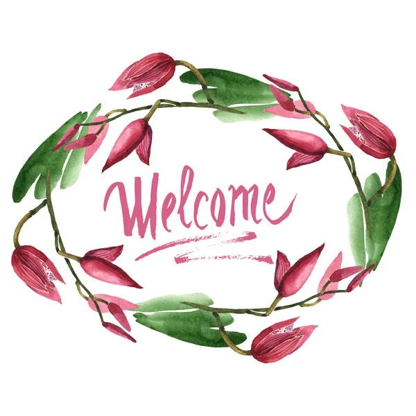 Marsala orchids with green leaves isolated on white. Watercolor background illustration set. Frame border ornament with welcome lettering. — Stock Photo