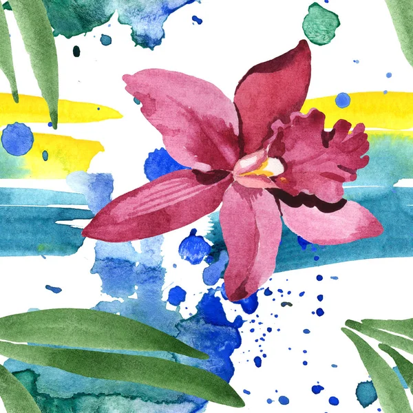 Orquídea de Marsala com folhas verdes sobre fundo branco com derramamentos de tinta. Conjunto de ilustrações aquarela. Padrão de fundo sem costura . — Fotografia de Stock