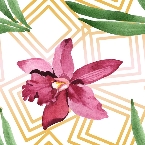 Marsala orchid with green leaves on white background. Watercolor illustration set. Seamless background pattern. — Stock Photo