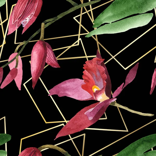 Marsala-Orchideen mit grünen Blättern auf schwarzem Hintergrund. Aquarell-Illustrationsset vorhanden. nahtloses Hintergrundmuster. — Stockfoto