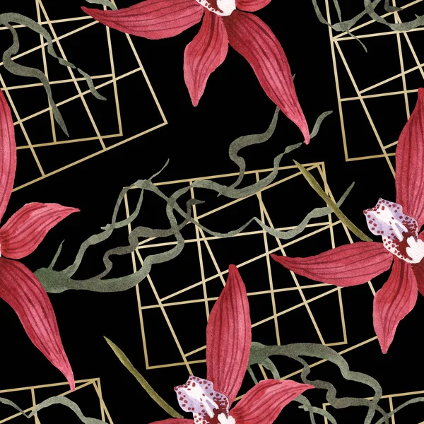 Marsala-Orchideen mit grünen Blättern auf schwarzem Hintergrund. Aquarell-Illustrationsset vorhanden. nahtloses Hintergrundmuster. — Stockfoto