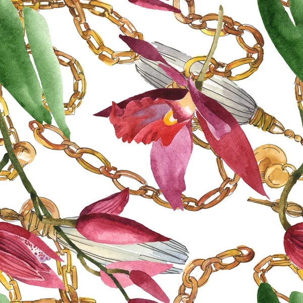 Marsala orchids with green leaves on white background with golden chains. Watercolor illustration set. Seamless background pattern. — Stock Photo