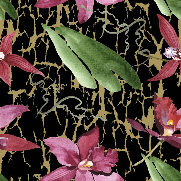 Marsala orchids with green leaves on black textured background. Watercolor illustration set. Seamless background pattern. — Stock Photo
