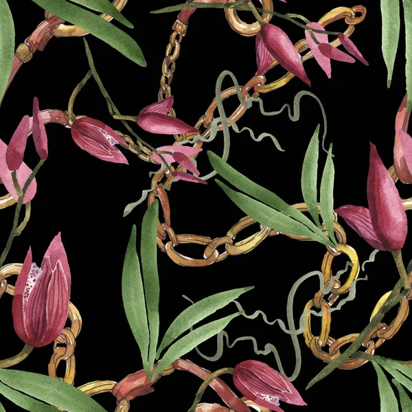 Orchidées Marsala avec des feuilles vertes sur fond noir avec des chaînes dorées. Ensemble d'illustration aquarelle. Modèle de fond sans couture . — Photo de stock