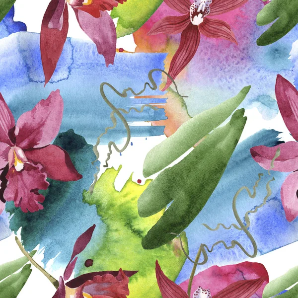 Marsala-Orchideen mit grünen Blättern auf weißem Hintergrund mit Farbspritzern. Aquarell-Illustrationsset vorhanden. nahtloses Hintergrundmuster. — Stockfoto