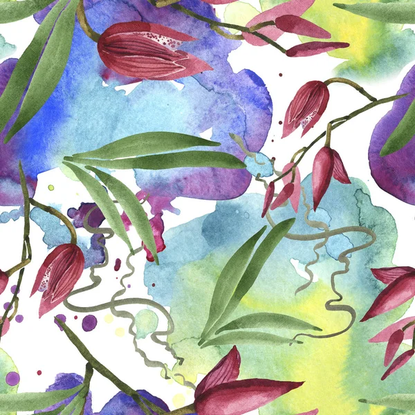 Marsala orchids with green leaves on white background with paint spills. Watercolor illustration set. Seamless background pattern. — Stock Photo