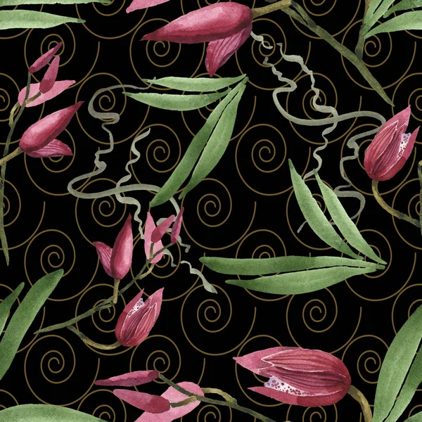 Marsala orchids with green leaves on black background. Watercolor illustration set. Seamless background pattern. — Stock Photo