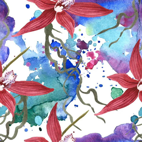 Orchidées Marsala avec des feuilles vertes sur fond blanc avec des déversements de peinture. Ensemble d'illustration aquarelle. Modèle de fond sans couture . — Photo de stock