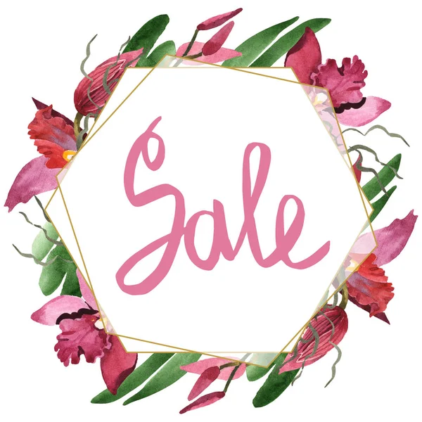 Marsala Orchideen mit grünen Blättern isoliert auf weiß. Aquarell Hintergrundillustration Set. Rahmen Bordüre Ornament mit Verkauf Schriftzug. — Stockfoto