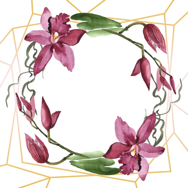 Orchidee di Marsala con foglie verdi isolate su bianco. Acquerello sfondo illustrazione set. Ornamento bordo cornice con spazio copia . — Foto stock