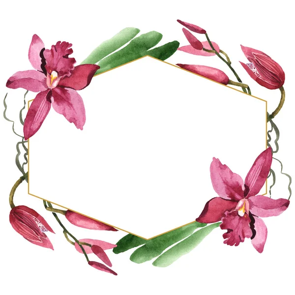 Marsala Orchideen mit grünen Blättern isoliert auf weiß. Aquarell Hintergrundillustration Set. Rahmen-Bordüre mit Kopierraum. — Stockfoto
