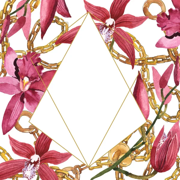 Orchidee di Marsala con foglie verdi isolate su bianco. Acquerello sfondo illustrazione set. Ornamento bordo cornice con spazio copia . — Foto stock