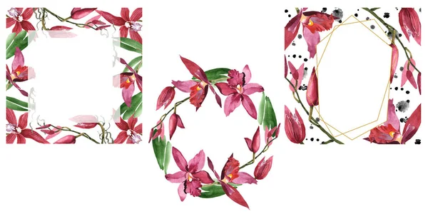 Orchidées Marsala avec des feuilles vertes isolées sur blanc. Aquarelle fond illustration ensemble de cadres avec espace de copie . — Photo de stock