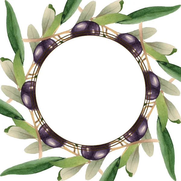 Olives fraîches aux feuilles vertes isolées sur fond aquarelle blanc illustration. Ornement de cadre avec espace de copie . — Photo de stock