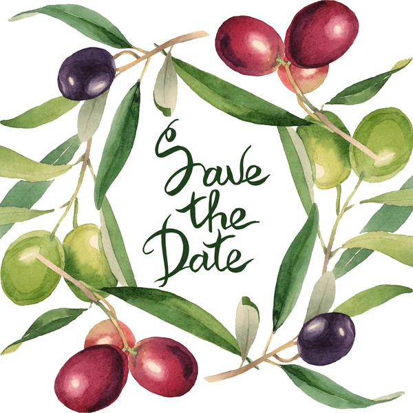 Fresh olives with green leaves isolated on white watercolor background illustration. Frame ornament with save the date lettering. — Stock Photo