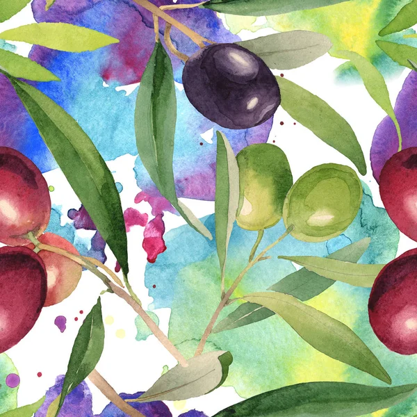 Frische Oliven mit grünen Blättern isoliert auf weißem Aquarellhintergrund Illustrationselemente. nahtloses Hintergrundmuster. — Stockfoto