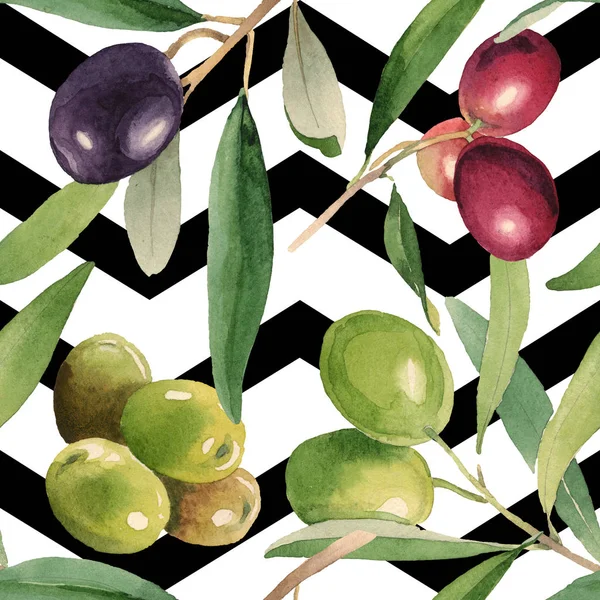 Aceitunas frescas con hojas verdes aisladas sobre elementos de ilustración de fondo de acuarela blanca. Patrón de fondo sin costuras . - foto de stock