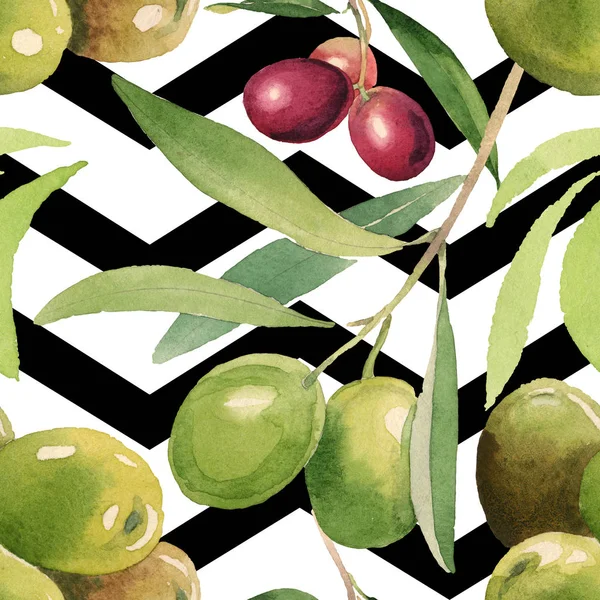 Olive fresche con foglie verdi isolate su sfondo bianco acquerello elementi illustrativi. Modello di sfondo senza soluzione di continuità . — Foto stock