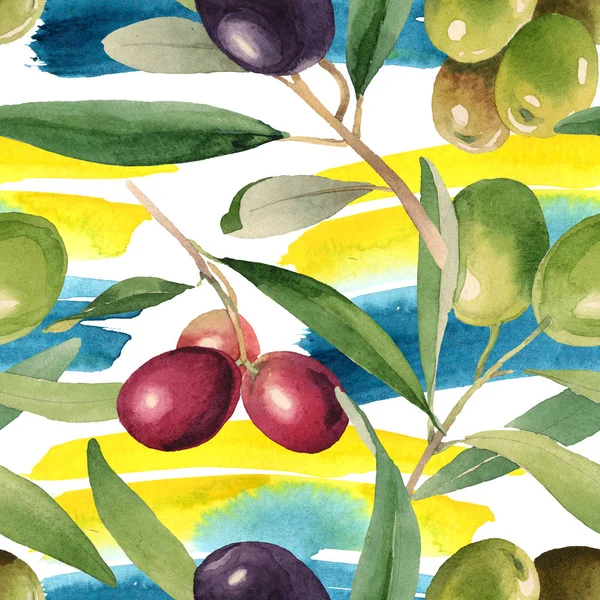 Olive fresche con foglie verdi isolate su sfondo bianco acquerello elementi illustrativi. Modello di sfondo senza soluzione di continuità . — Foto stock