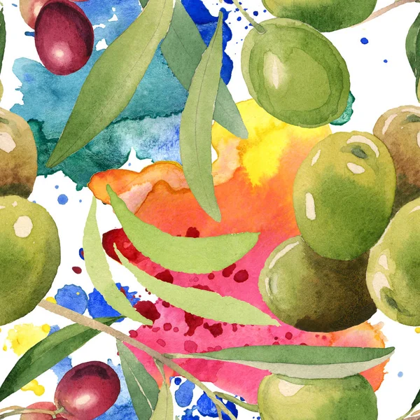 Olive fresche con foglie verdi isolate su sfondo bianco acquerello elementi illustrativi. Modello di sfondo senza soluzione di continuità . — Foto stock