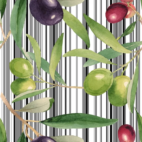 Fresh olives with green leaves isolated on white watercolor background illustration elements. Seamless background pattern. — Stock Photo
