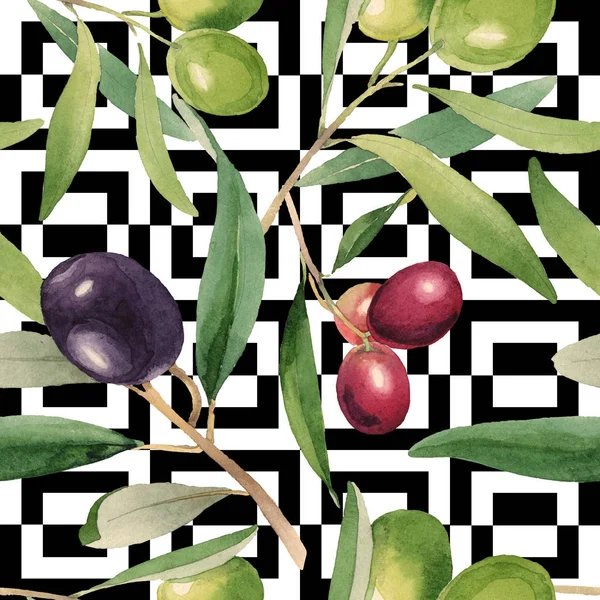 Olives fraîches aux feuilles vertes isolées sur fond aquarelle blanc éléments d'illustration. Modèle de fond sans couture . — Photo de stock