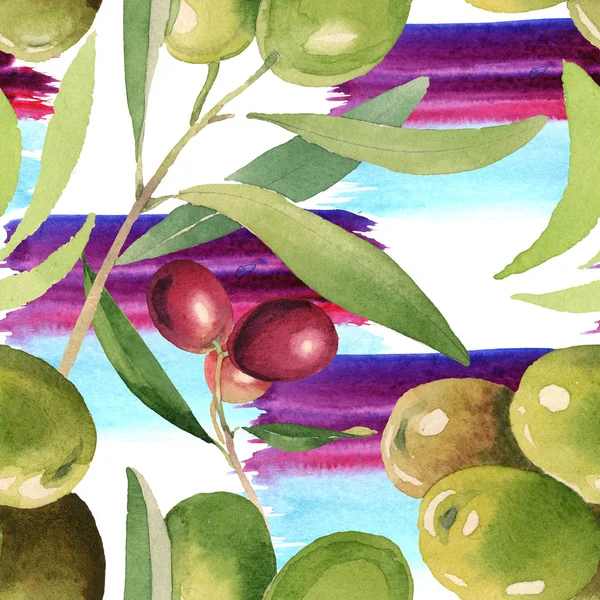 Olives fraîches aux feuilles vertes isolées sur fond aquarelle blanc éléments d'illustration. Modèle de fond sans couture . — Photo de stock