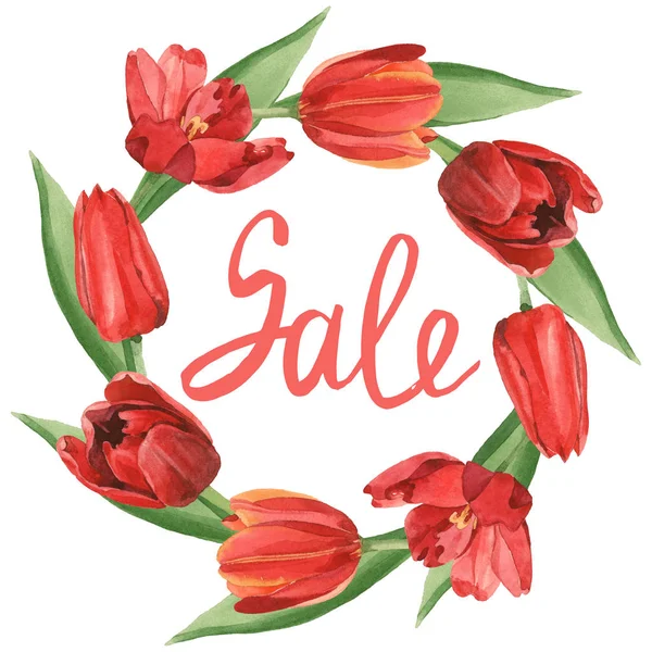 Tulipanes rojos con hojas verdes aisladas en blanco. Conjunto de ilustración de fondo acuarela. Marco con flores e inscripción de venta . - foto de stock
