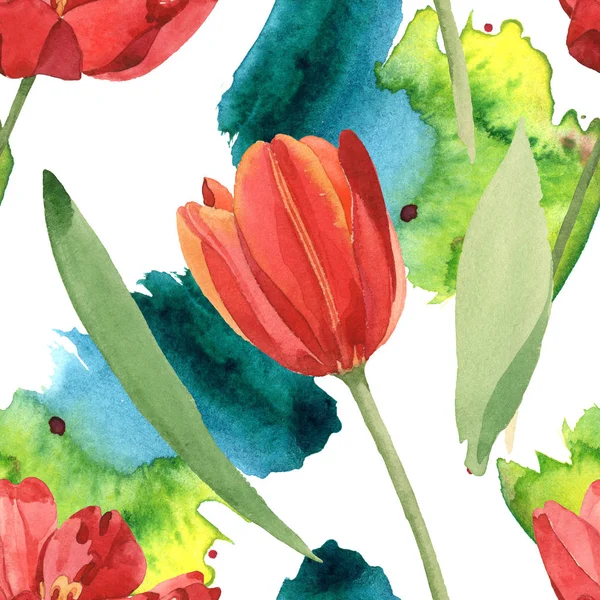 Tulipanes rojos con hojas verdes y vertidos de pintura. Juego de ilustración en acuarela. Patrón de fondo sin costuras . - foto de stock