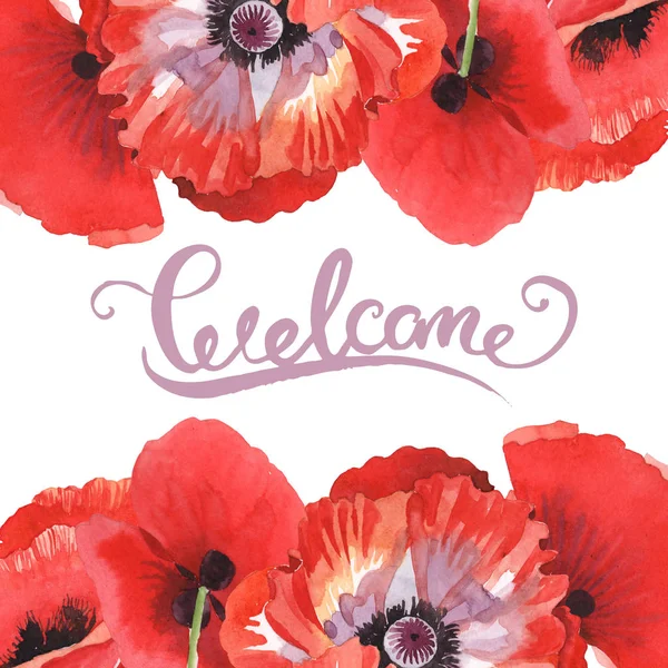 Red poppies isolated on white. Watercolor background illustration set. Frame with flowers and welcome lettering. — Stock Photo