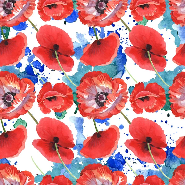 Ensemble d'illustration aquarelle de coquelicots rouges. Modèle de fond sans couture . — Photo de stock