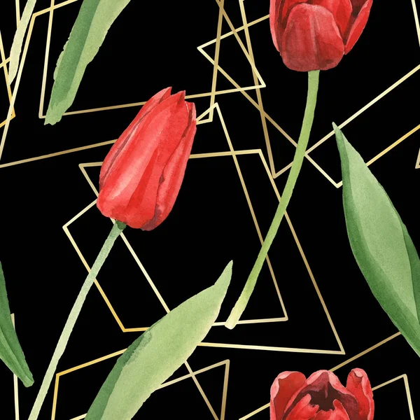 Red tulips with green leaves and golden figures isolated on black. Watercolor illustration set. Seamless background pattern. — Stock Photo