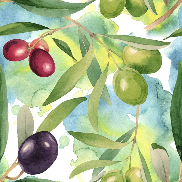 Aceitunas frescas con hojas verdes aisladas sobre elementos de ilustración de fondo de acuarela blanca. Patrón de fondo sin costuras . - foto de stock