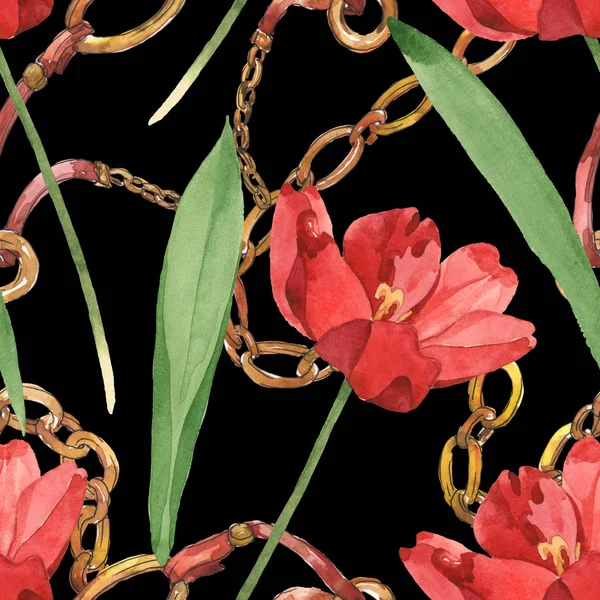 Red tulips with green leaves and golden chains isolated on black. Watercolor illustration set. Seamless background pattern. — Stock Photo
