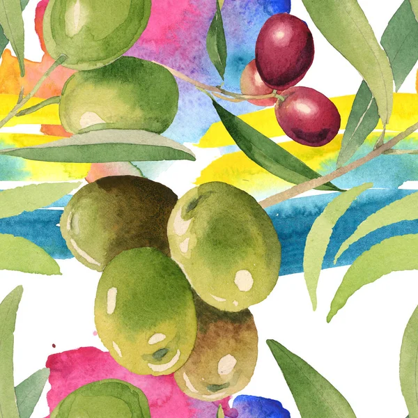 Frische Oliven mit grünen Blättern isoliert auf weißem Aquarellhintergrund Illustrationselemente. nahtloses Hintergrundmuster. — Stockfoto