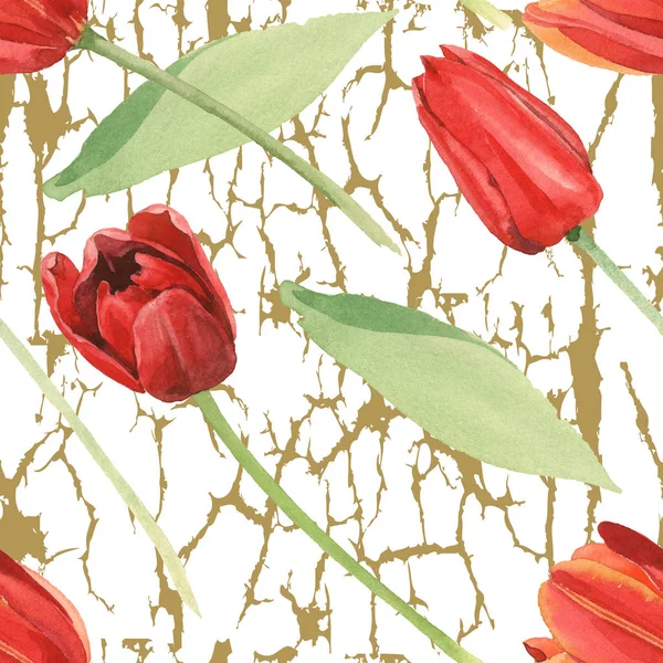 Red tulips with green leaves on white textured background. Watercolor illustration set. Seamless background pattern. — Stock Photo