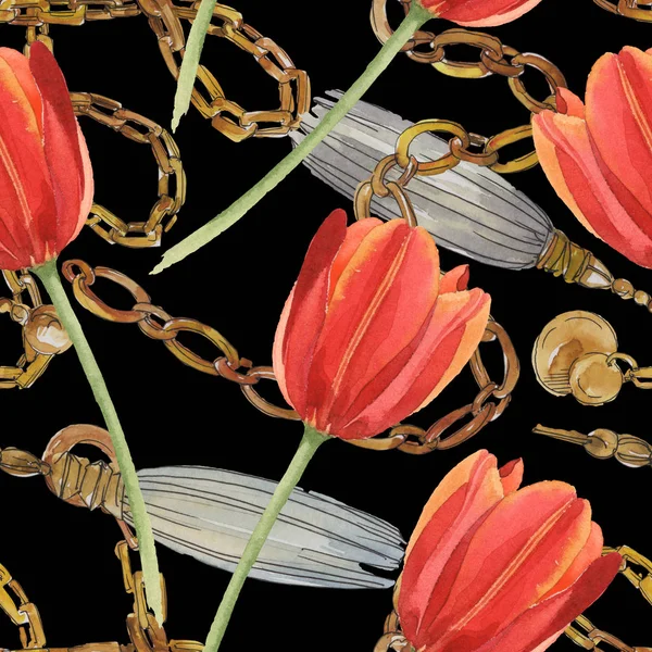 Tulipanes rojos y cadenas doradas aisladas en negro. Juego de ilustración en acuarela. Patrón de fondo sin costuras . - foto de stock