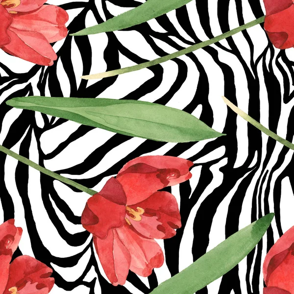 Tulipas vermelhas com folhas verdes no fundo zebra. Conjunto de ilustrações aquarela. Padrão de fundo sem costura . — Fotografia de Stock