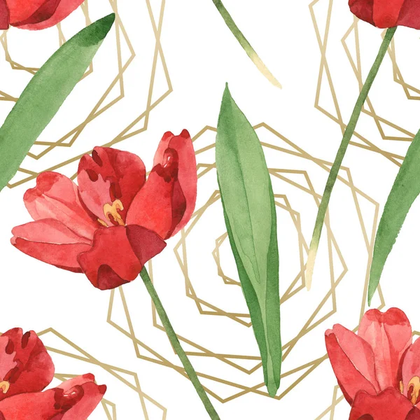 Червоні тюльпани з зеленим листям на білому тлі. Набір акварельних ілюстрацій. Безшовний візерунок тла . — стокове фото