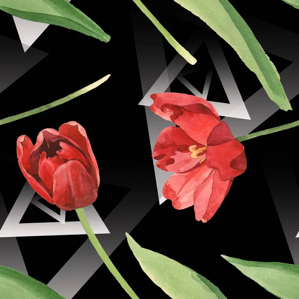 Red tulips with green leaves on black background. Watercolor illustration set. Seamless background pattern. — Stock Photo