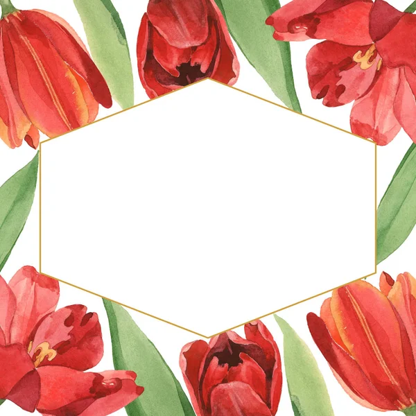 Венок из красных тюльпанов с иллюстрацией зеленых листьев изолирован на белом. Украшение рамы с копировальным пространством . — стоковое фото