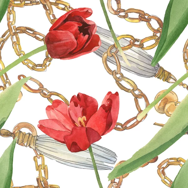 Red tulips with green leaves and chains isolated on white. Watercolor illustration set. Seamless background pattern. — Stock Photo