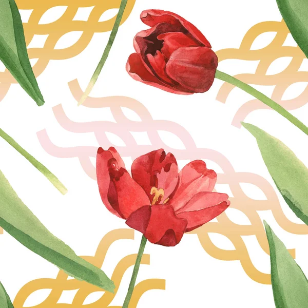Tulipes rouges aux feuilles vertes isolées sur blanc. Ensemble d'illustration aquarelle. Modèle de fond sans couture . — Photo de stock