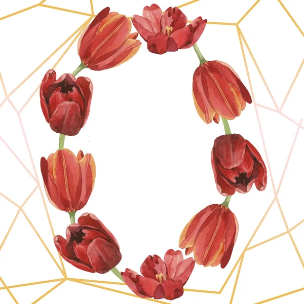 Corona de tulipanes rojos ilustración aislada en blanco. Adorno del marco con espacio de copia . - foto de stock