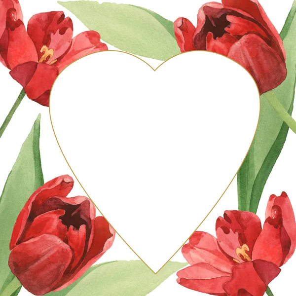 Red tulips with green leaves illustration isolated on white. Heart shaped frame with copy space. — Stock Photo